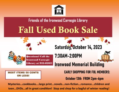 Early Bird Shopping-Friends of the Ironwood Carnegie Fall Used Book Sale