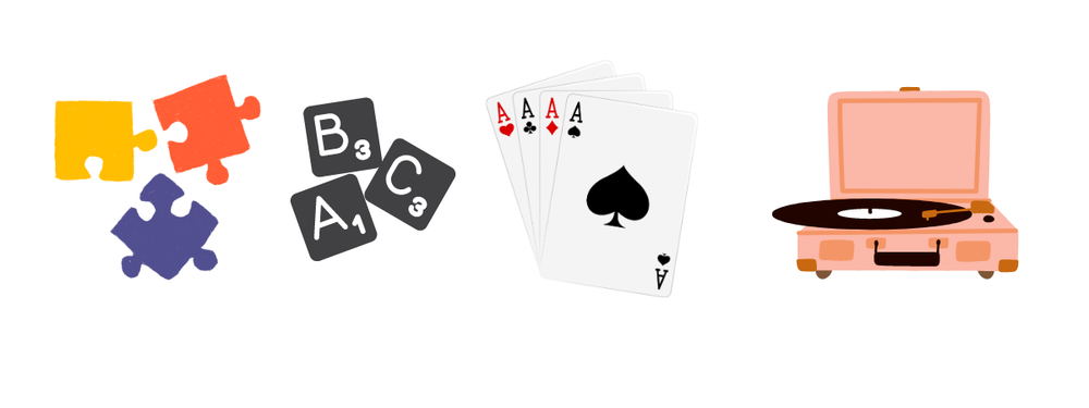 puzzle pieces, scrabble titles, cards, record player